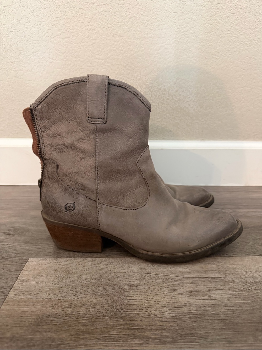 Born Gray Leather Western Ankle Boots with Brown Heel Accent